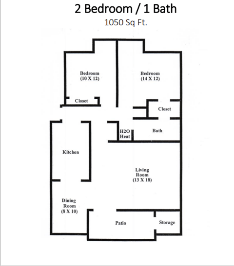 Floor plan for 2 beds, 1 bath, 1050 sqft